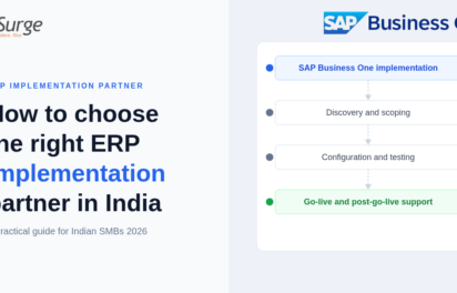 SAP implementation partner hero banner Infographic showing how to choose the right SAP ERP implementation partner in India, with a 4-step process flow from discovery to go-live, by SkySurge Business Solutions.