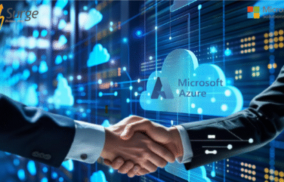 SkySurge and Microsoft strategic partnership for Azure cloud infrastructure services, showcasing a digital handshake, cloud computing background, and B2B technology alliance.