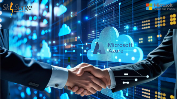 SkySurge and Microsoft strategic partnership for Azure cloud infrastructure services, showcasing a digital handshake, cloud computing background, and B2B technology alliance.