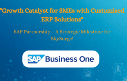 SkySurge SAP Business One Partner announcement banner highlighting SAP partnership milestone, ERP solutions for SMEs, and growth catalyst message.