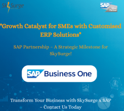 SkySurge SAP Business One Partner announcement banner highlighting SAP partnership milestone, ERP solutions for SMEs, and growth catalyst message.
