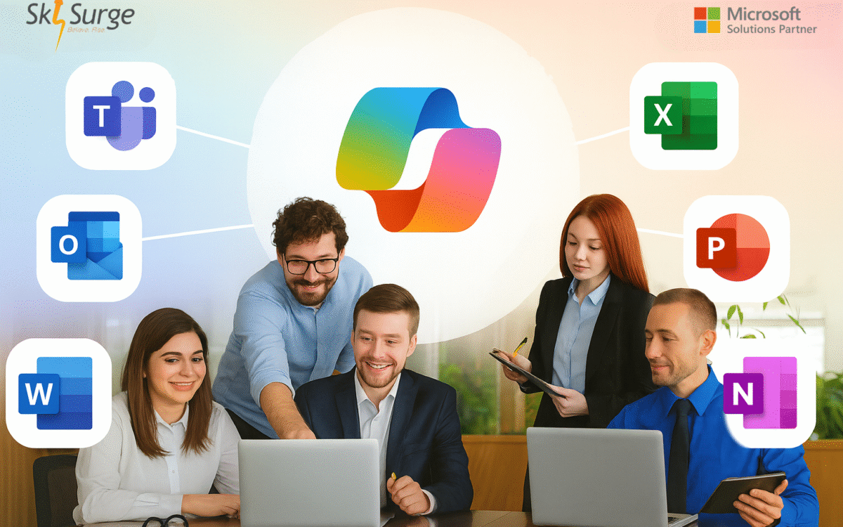 Team of professionals collaborating with laptops, surrounded by Microsoft productivity icons including Teams, Outlook, Word, Excel, PowerPoint, and OneNote. Visual highlighting Microsoft for SMEs in India.
