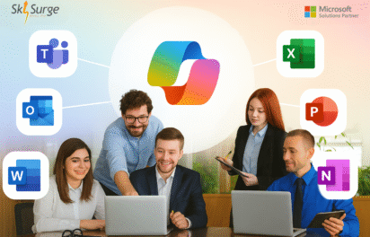 Team of professionals collaborating with laptops, surrounded by Microsoft productivity icons including Teams, Outlook, Word, Excel, PowerPoint, and OneNote. Visual highlighting Microsoft for SMEs in India.