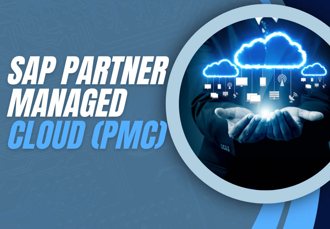 SAP Partner Managed Cloud (PMC) concept showing secure cloud infrastructure managed by an SAP partner with connected devices and business systems