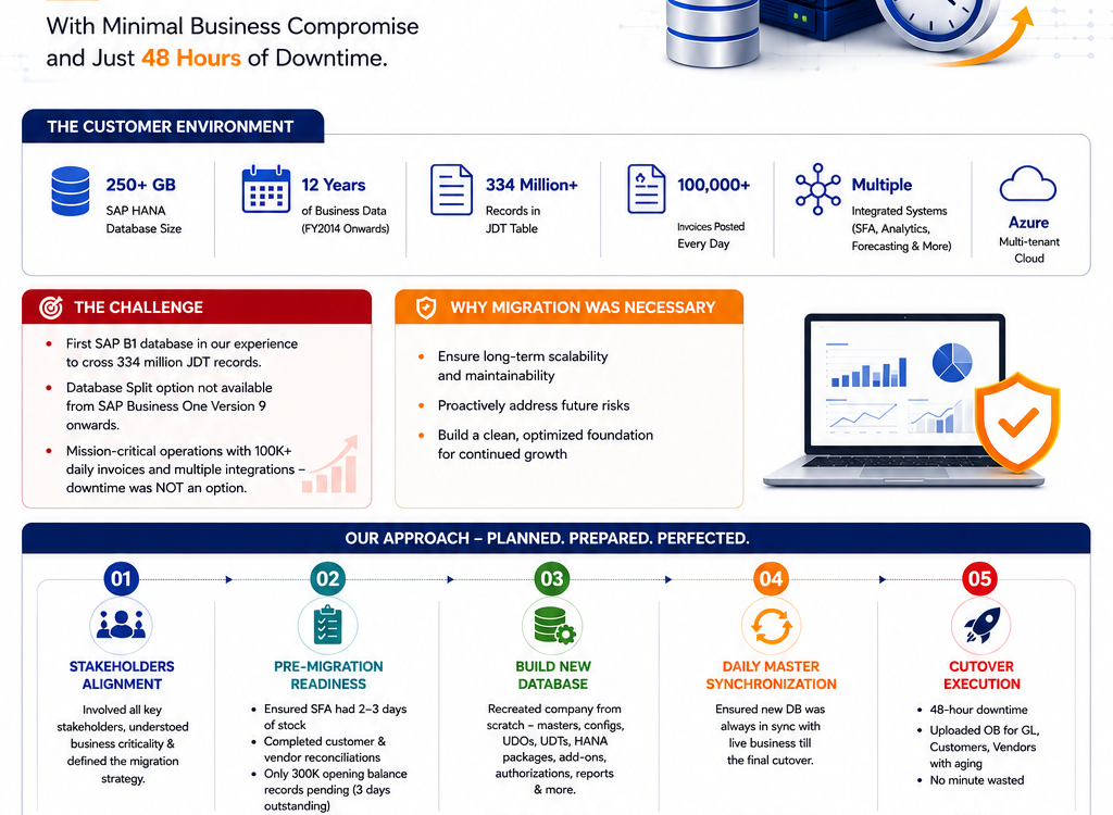 SAP Business One HANA migration case study by Skysurge, handling 334 million journal entries with 48 hours of downtime